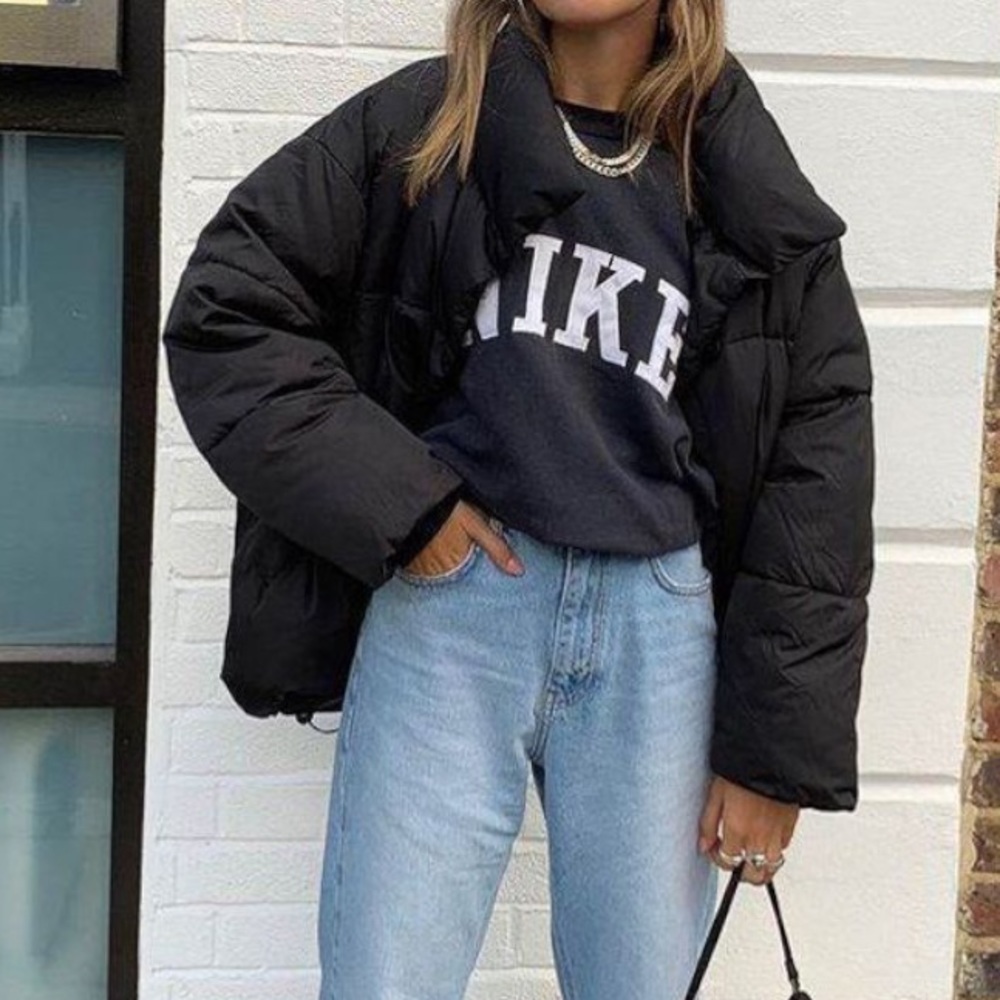 Nike RARE Vintage Y2k Swoosh Down 550 Puffer Zip Up Winter Bomber Jacket Black - Picture 1 of 15